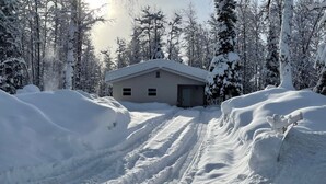 A snow-covered path leading to a small cabin surrounded by trees. - Willow Forest Cabin with Sauna, Pet and Family Friendly (Willow)