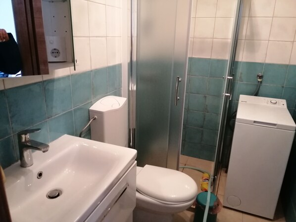 A bathroom with a white sink, toilet, and a compact washing machine.
