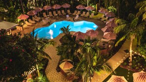 A pool area with lounge chairs and umbrellas, surrounded by palm trees and greenery.