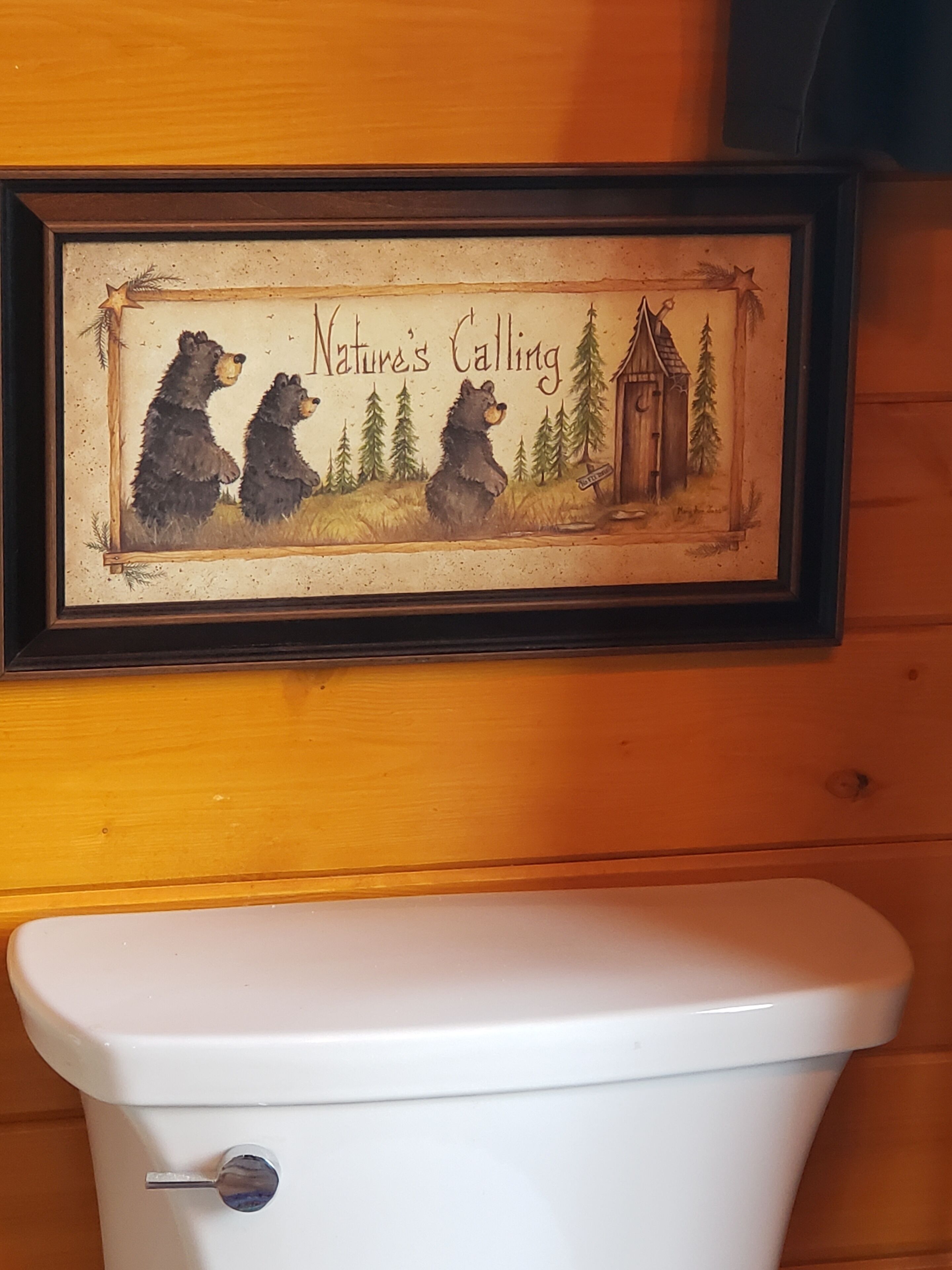 Un cuadro enmarco con tres osos, el texto "Nature's Calling” y una cabaña, colgado en una pared de madera sobre un inodoro blanco.