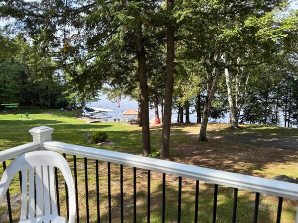 A grassy area with trees and a body of water.
