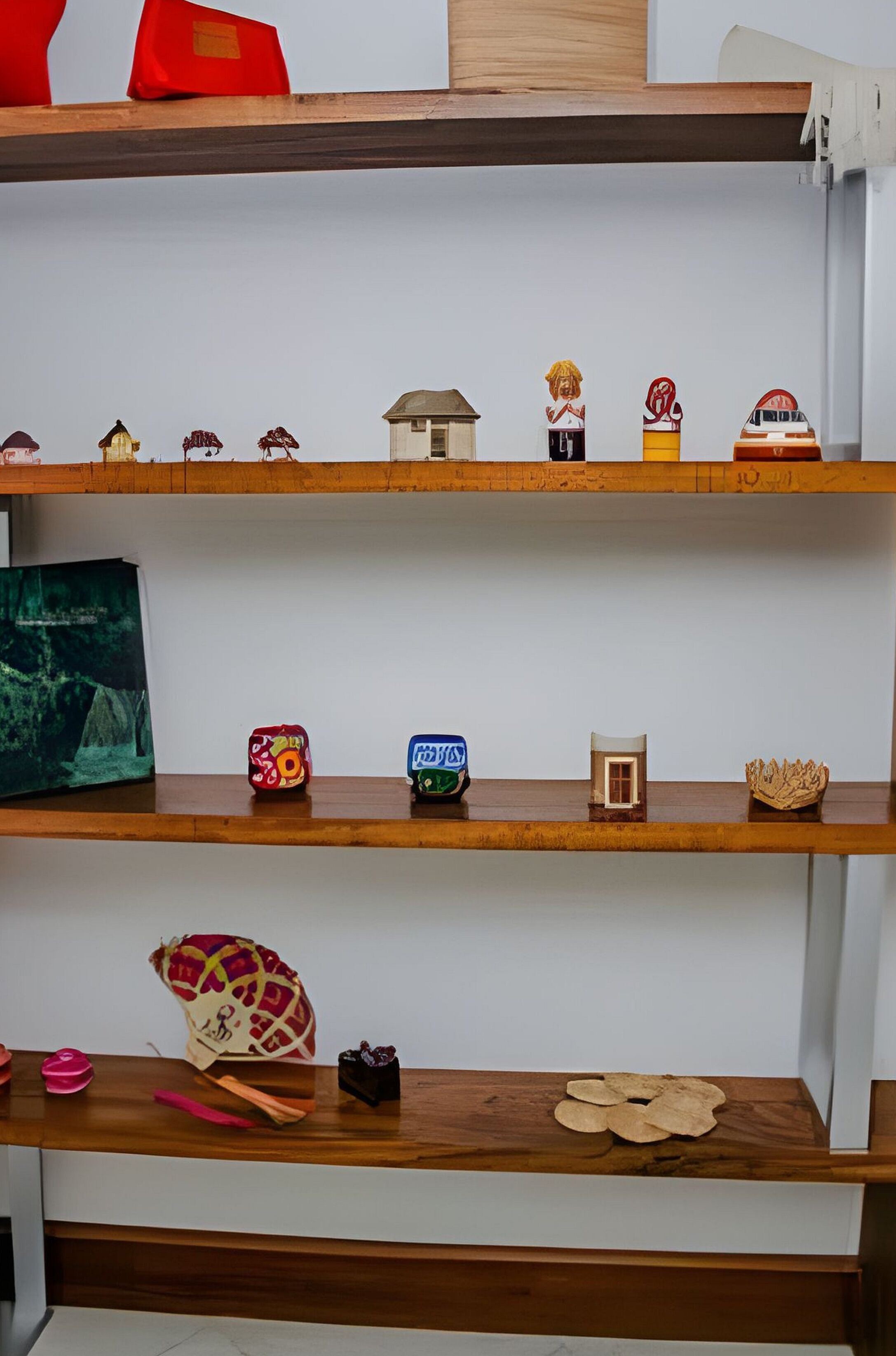 A wooden shelf with various items including figurines, a small house model, and a green box.