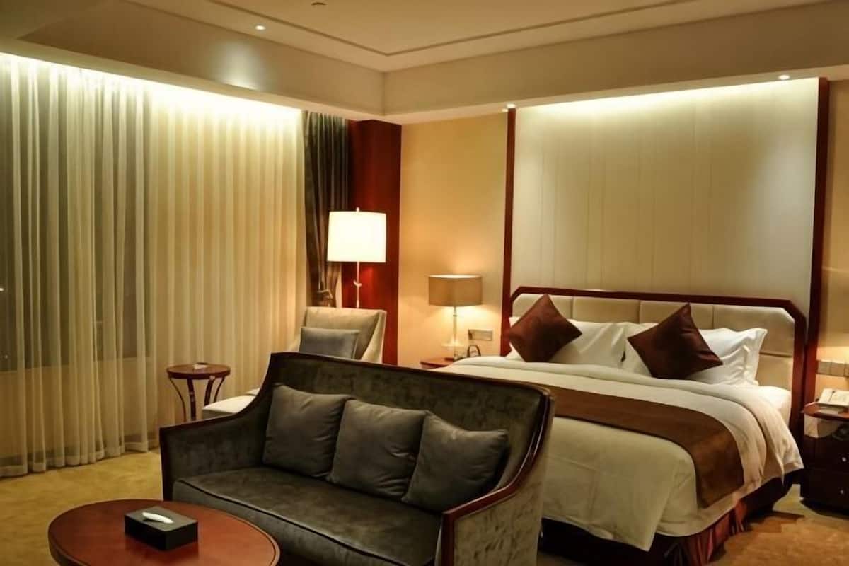A hotel room with a bed, a sofa, a lamp, and a TV on a table.