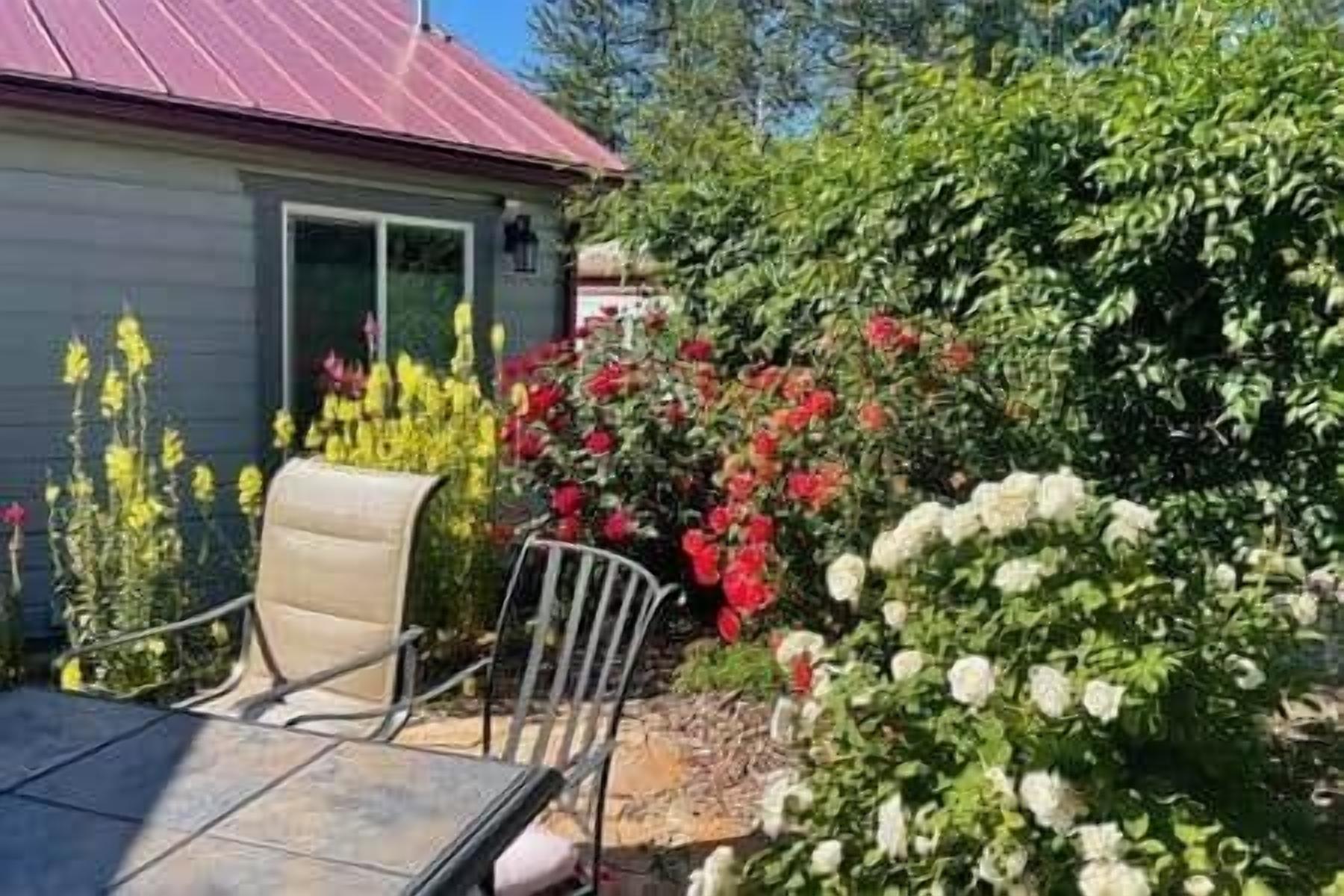 A patio with a table and chairs, surrounded by a garden with various plants and flowers.