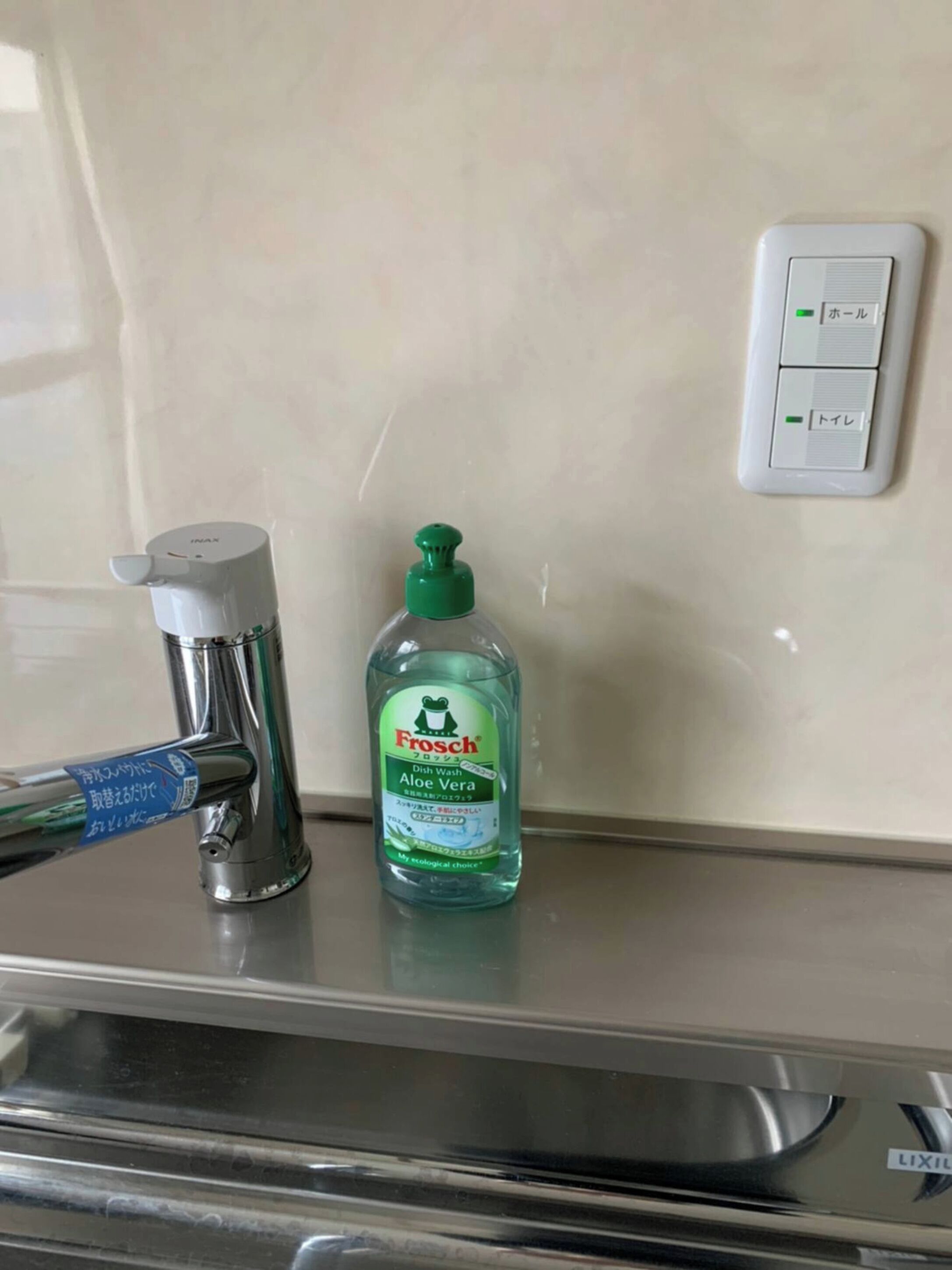 Un lavamanos de cocina con un grifo y una botella de detergente para platos etiquetada 'Frosch Aloe Vera'.