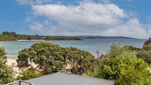 Une vue sur la côte, avec une plage, des arbres et un ciel dégagé.