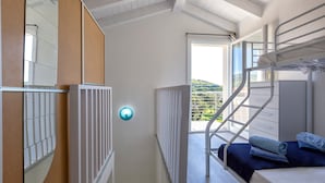 Una habitación con literas, una ventana con vistas, un radiador y una lámpara fijada a la pared.