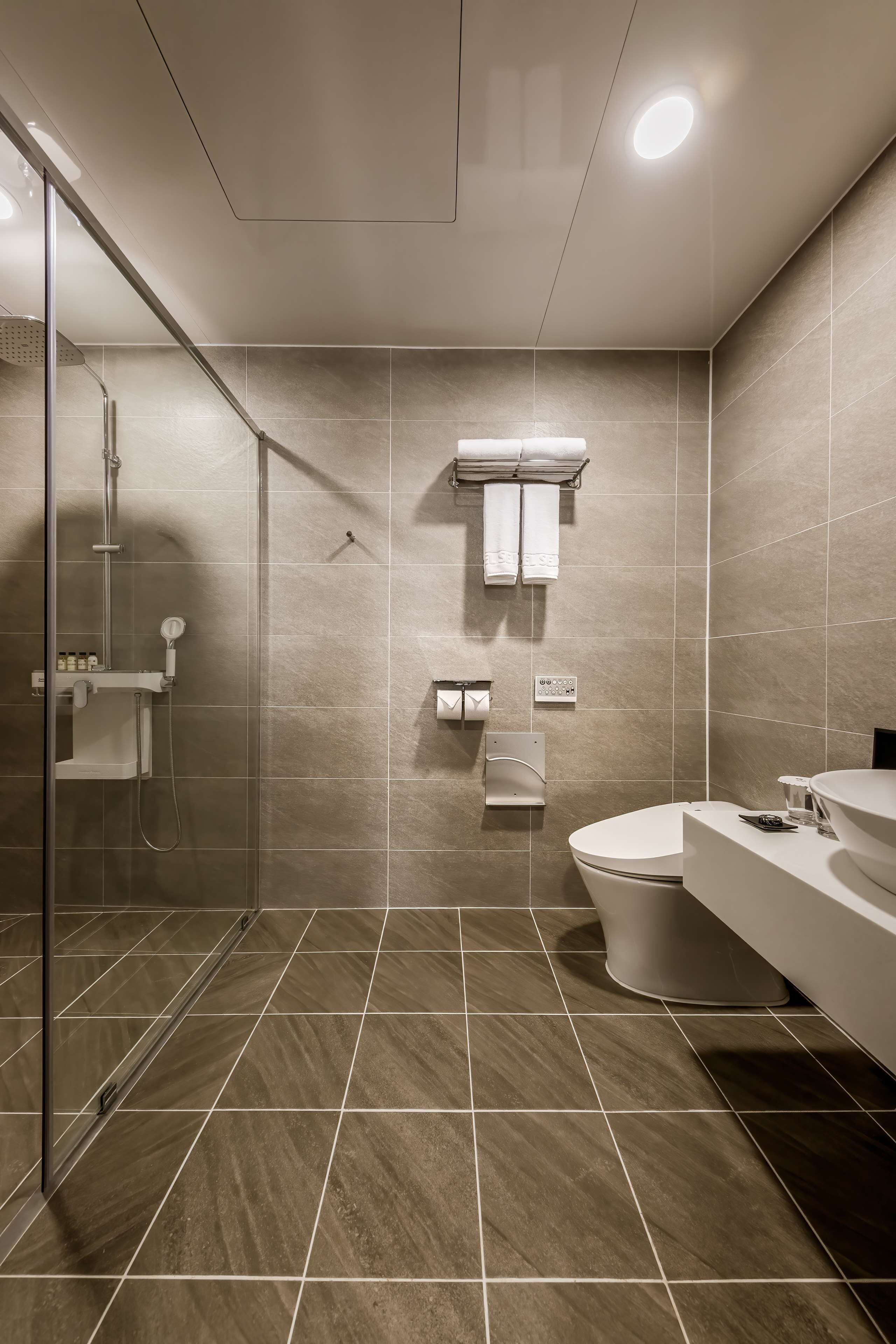 A modern bathroom with a glass-enclosed shower, a toilet, and a sink.