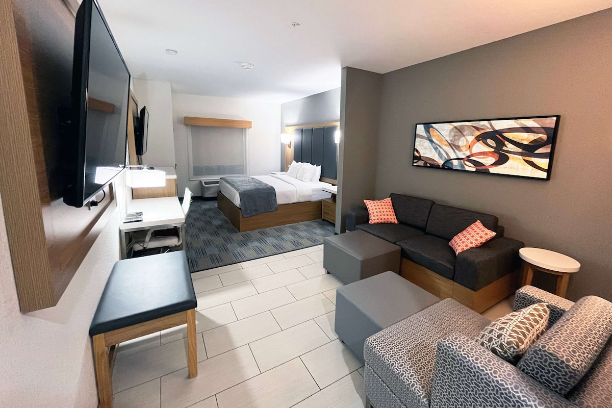 Una habitación de hotel moderna con una cama, un sofá, un escritorio y un televisor.