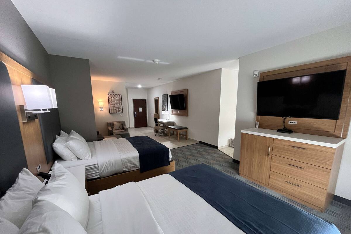 suite, multiple beds, kitchenette (2 tvs) | desk, laptop workspace, iron/ironing board, bed sheets
