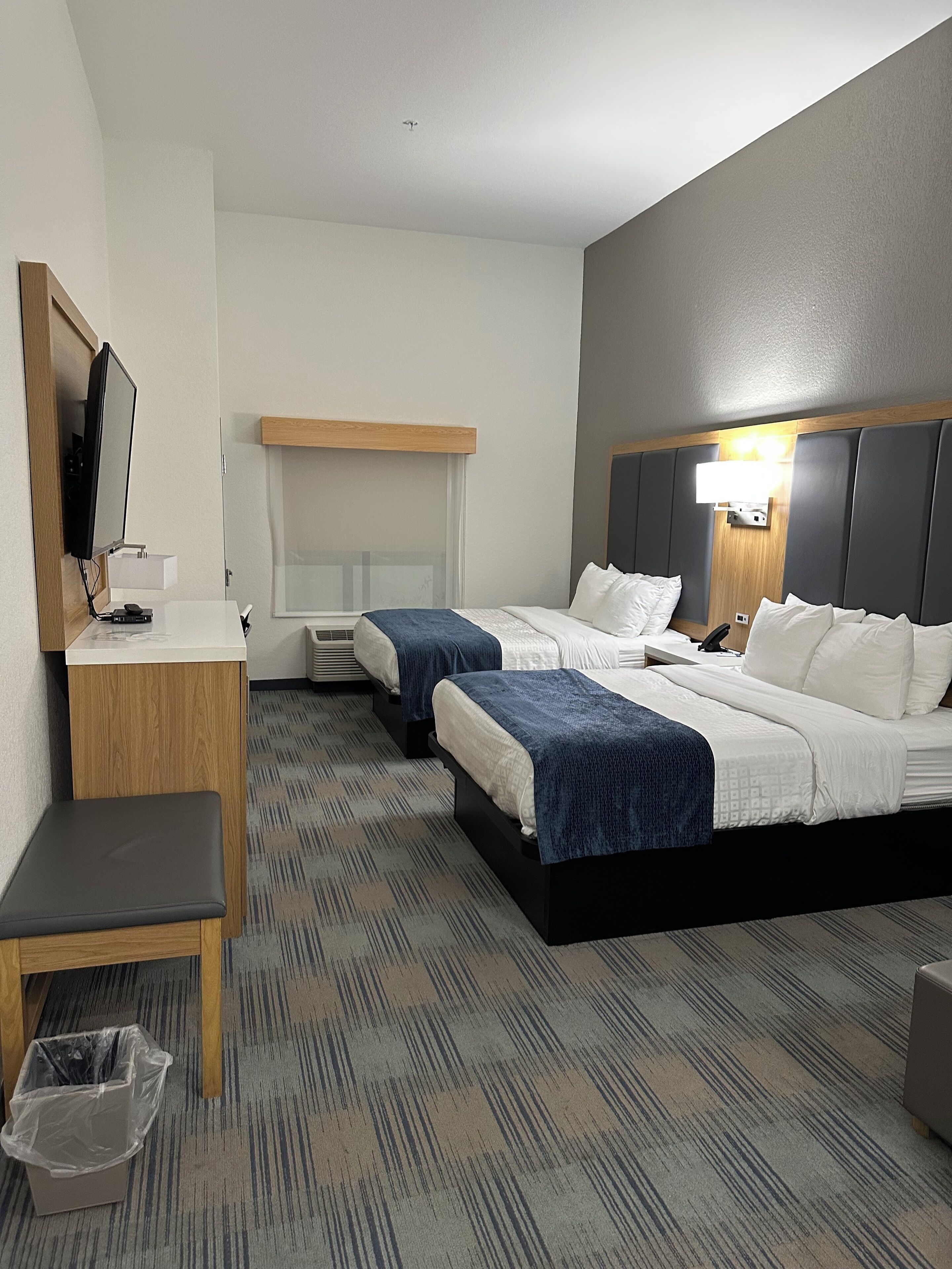 A hotel room with two beds, a desk with a chair, a TV, and a trash bin.