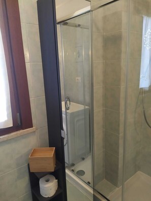 Shower, hair dryer, bidet, towels