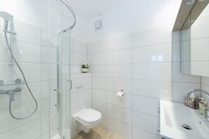 Douche, séchoir à cheveux, serviettes fournies, savon