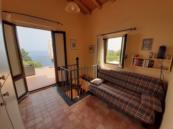 Une pièce comprenant un canapé, une bibliothèque, une fenêtre donnant sur un beau paysage et un balcon.