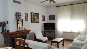 Una sala de estar con chimenea, televisor y sofá.