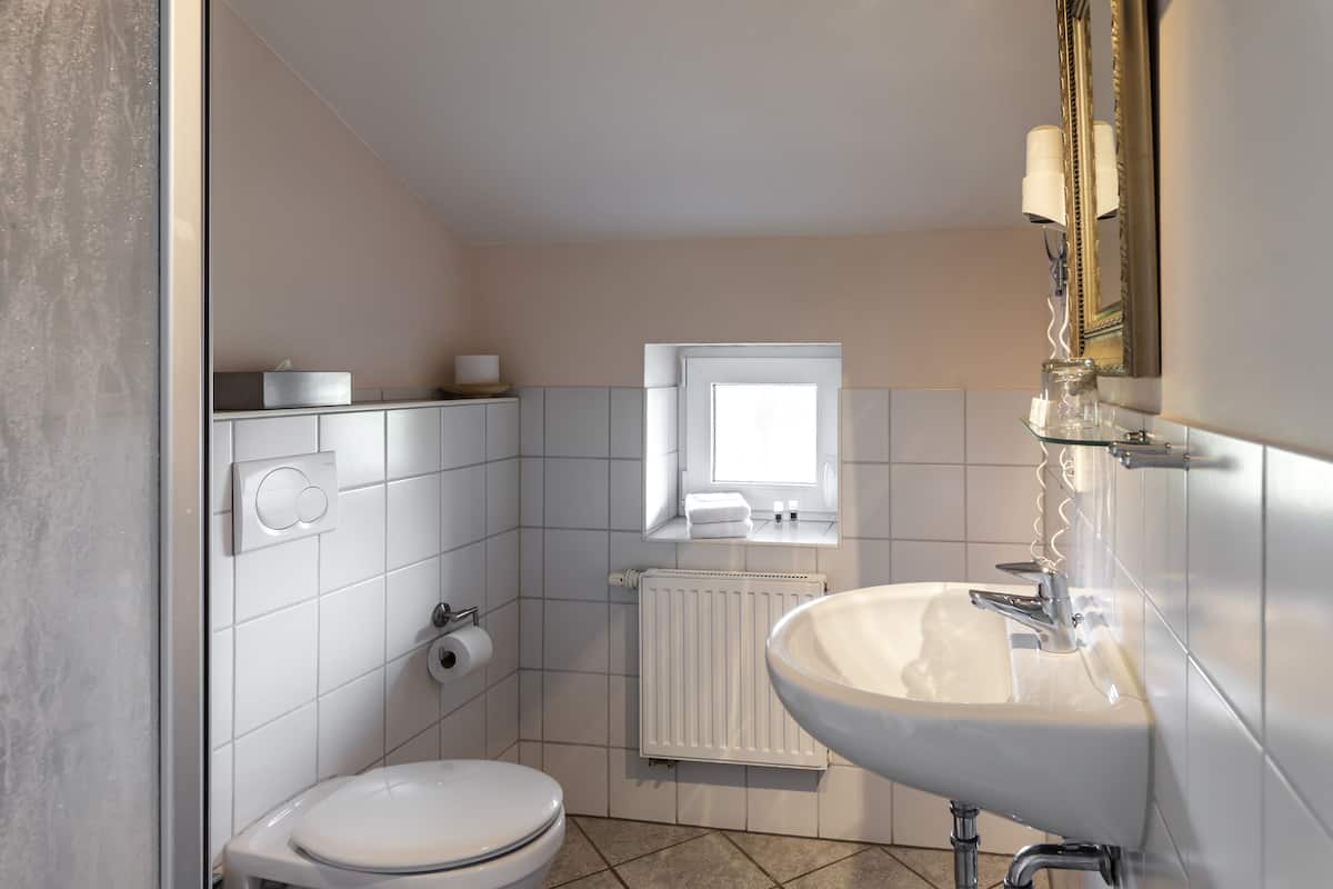 A bathroom with a toilet, a sink, a mirror, a window, and a radiator.