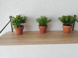Trois pots en terre cuite contenant des plantes vertes, placés sur une étagère en bois devant un mur à texture.