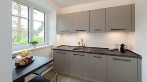 A modern kitchen with grey cabinets, a black countertop, and a window with a plant on the windowsill. - Apartment Blue (Pörtschach)