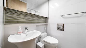 Shower, hair dryer, towels, shampoo