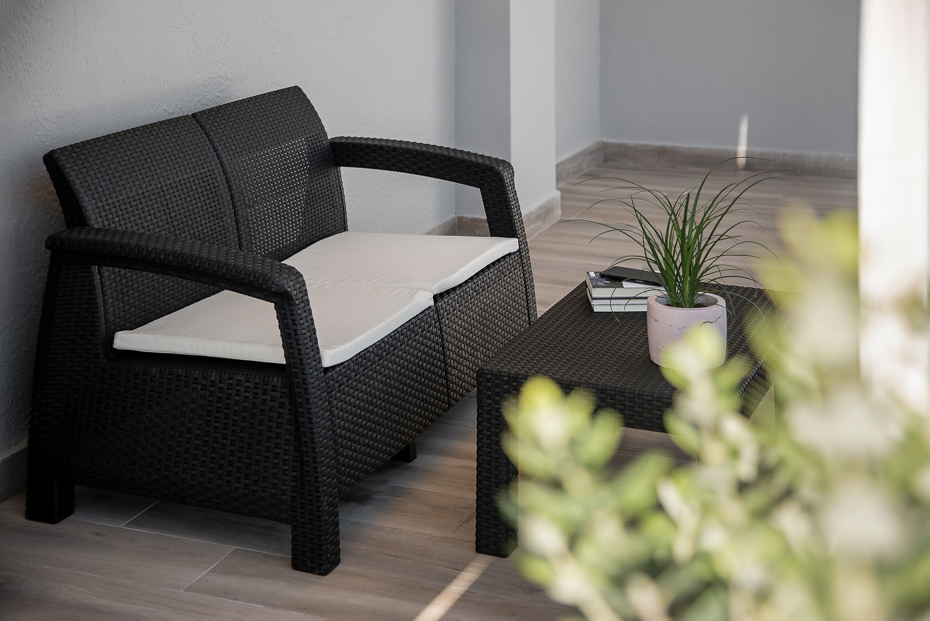 Un canapé en osier de couleur sombre, agrémenté d’un coussin blanc, une petite plante en pot et une table basse.