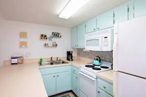 Full-sized fridge, microwave, oven, dishwasher