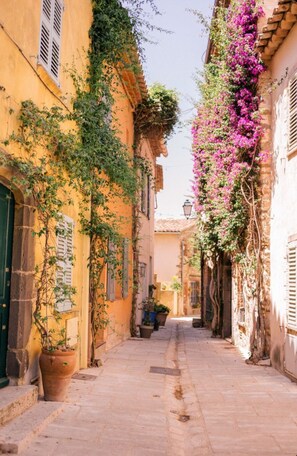 A narrow street with buildings on either side, some with vines and flowers.