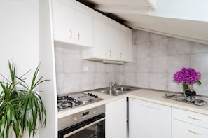 Enjoy cooking in this well-equipped kitchen with a gas stove, sink, and dishwasher.