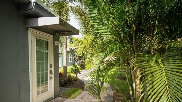 A pathway leading to a house with a door and window, surrounded by lush greenery and palm trees. - Charming Oasis with a Pool (Fort Lauderdale)
