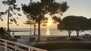En solnedgångsscen från en balkong med utsikt över en strand med träd, en bänk och en väg med bilar och en polisbil.