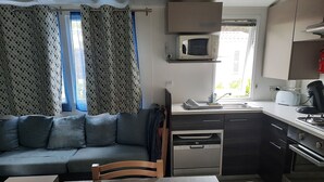 Een ruimtelijk ingerichte leefruimte met een bank, eettafel en kitchenette.