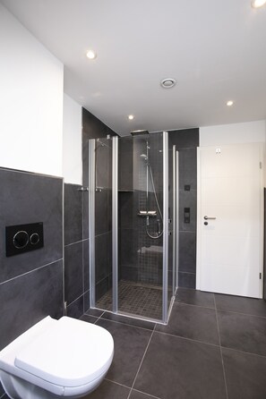 Une salle de bain moderne avec une douche à parois de verre, des toilettes blanches et des murs recouverts de carreaux foncés.