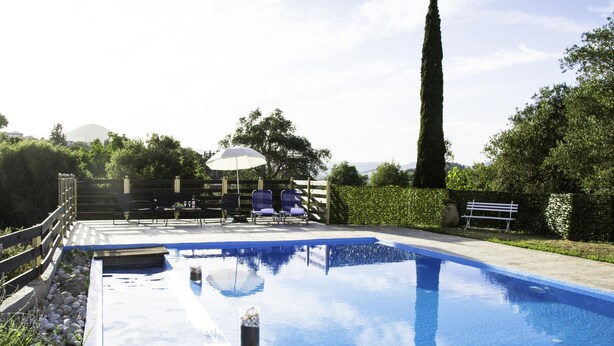 A swimming pool with a wooden deck, lounge chairs, and a tall tree. - Villa Eros (Corfu)