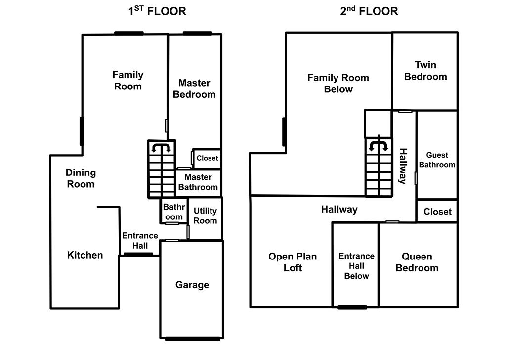 A floor plan of a hotel with a family room, master bedroom, dining room, kitchen, garage, and utility room on the first floor, and twin bedroom, guest bathroom, queen bedroom, open plan loft, and hallway on the second floor.