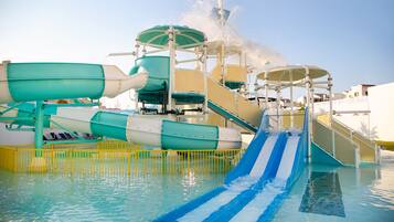 A water park with multiple slides and water features.