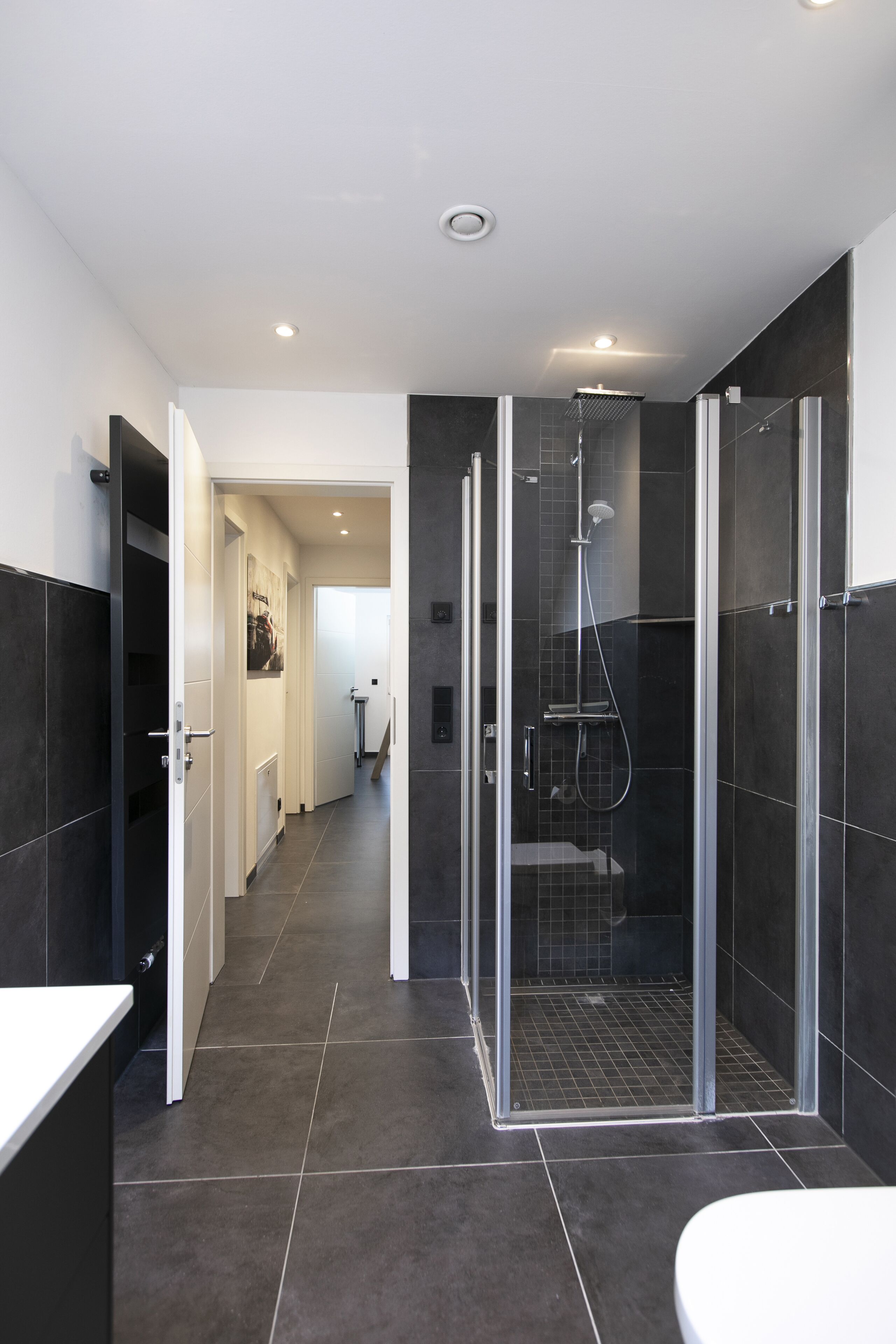 Shower, hair dryer, soap, toilet paper