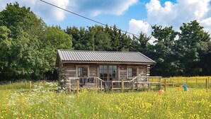 Une cabane rustique en rondins de bois, surmontée d’un toit en métal, entourée d’un champ de fleurs jaunes et d’une haute herbe verte.