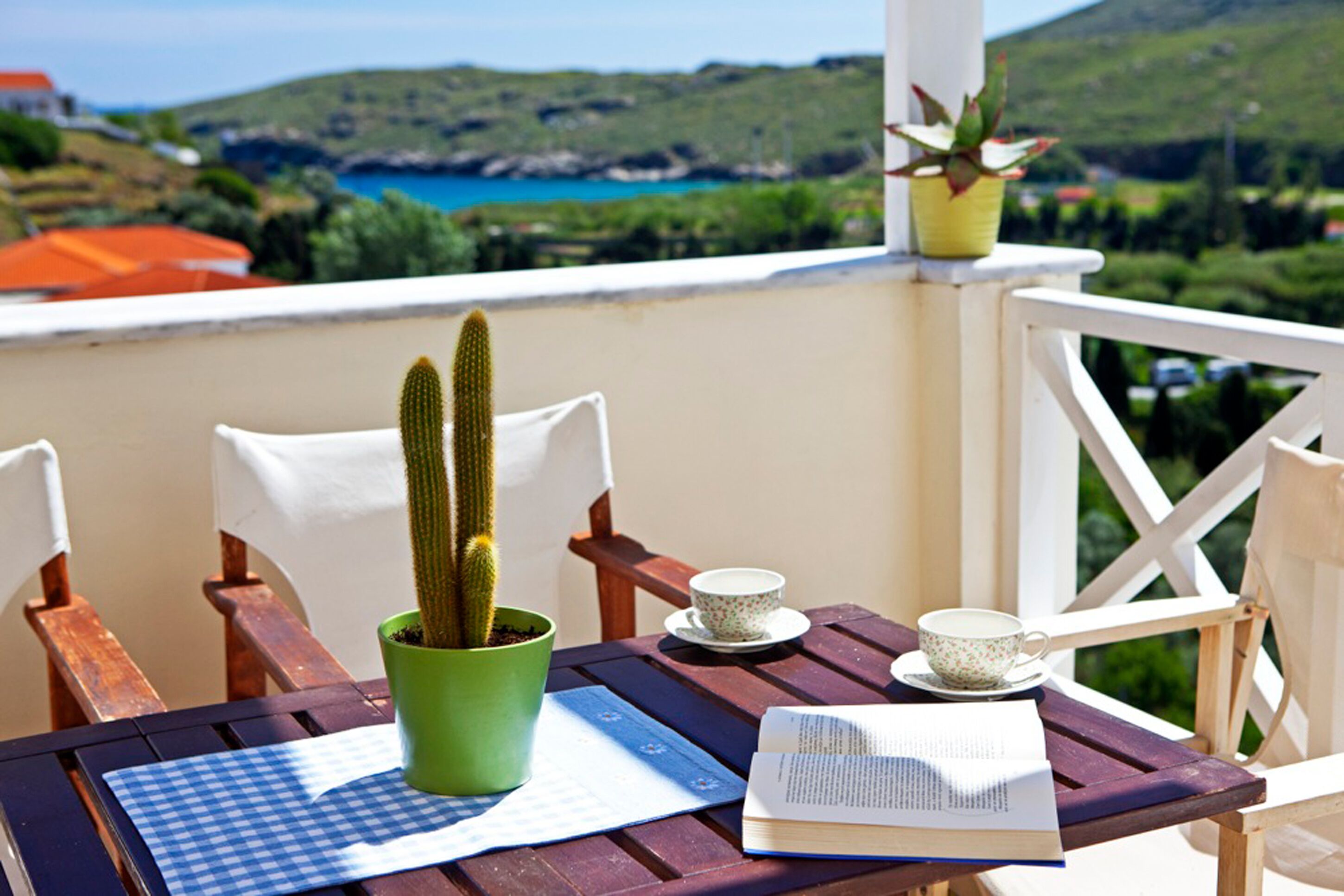 A wooden table with a book, a cup, and a cactus in a green pot on a balcony overlooking a coastal landscape.