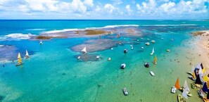 En la playa, camastros y toallas de playa 