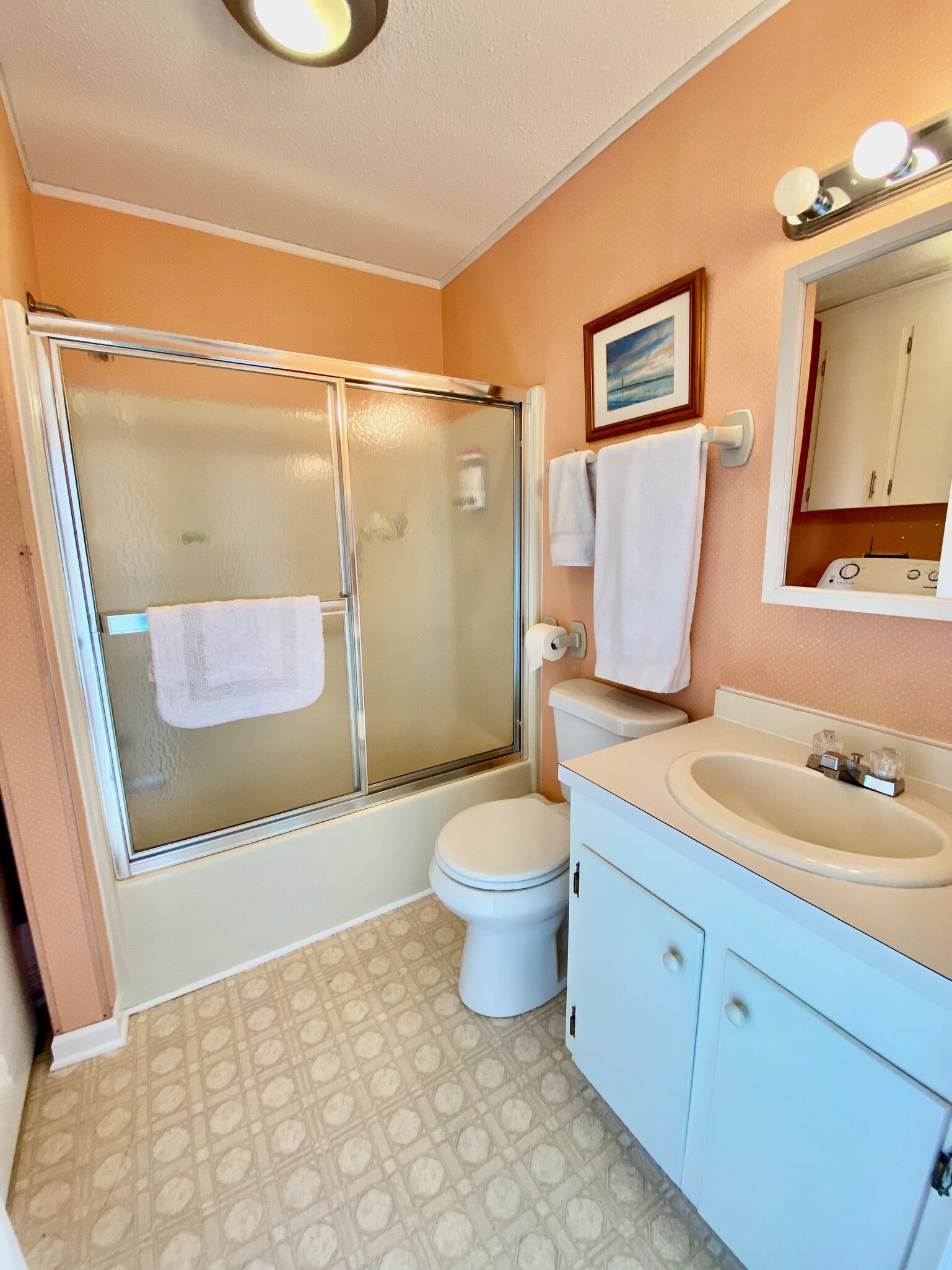Un baño con ducha envuelta en vidrio, inodoro y lavamanos con espejo arriba.