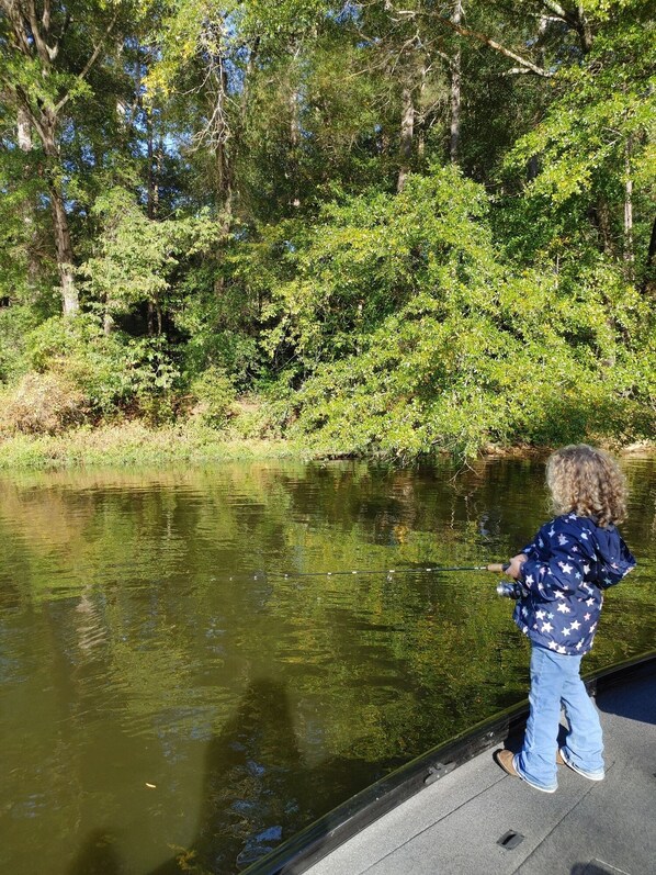 Un niño pescando en un río tranquilo rodeado de abundante vegetación.