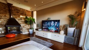 Een moderne woonkamer met een stenen muur, een open haard, een flatscreen televisie, een bank en een salontafel.