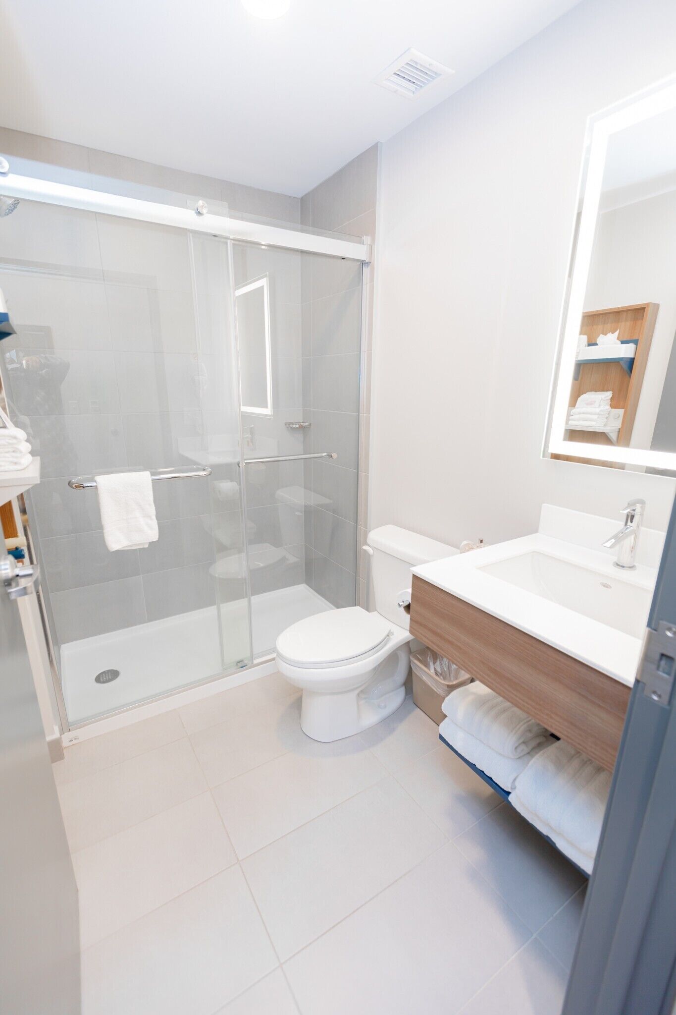 A modern bathroom with a glass-enclosed shower, a white toilet, and a wooden vanity with a mirror.