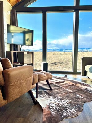 Televisie, een open haard en boeken
