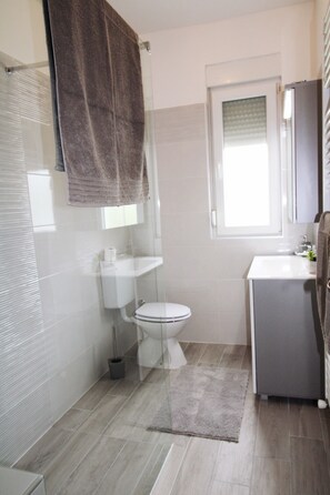 Douche, séchoir à cheveux, serviettes fournies