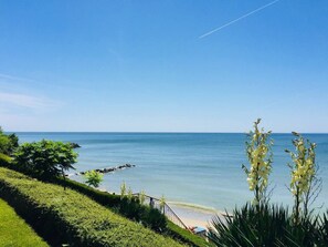 A coastal landscape with a clear sky, a sandy beach, and a grassy area with a pathway leading to the beach.