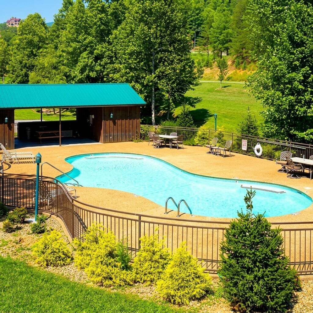 A swimming pool with a wooden deck, surrounded by a fence, and a covered seating area with tables and chairs.