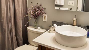 Hair dryer, towels, soap, shampoo
