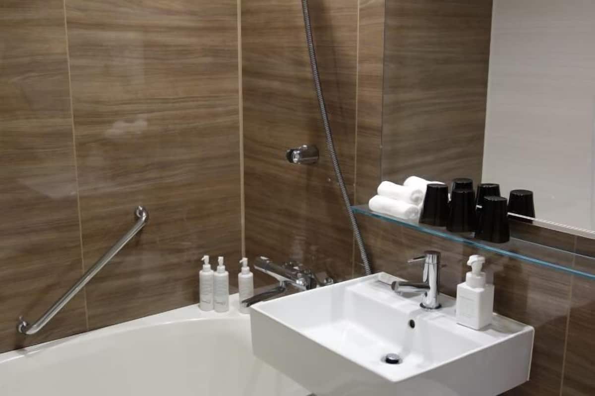 Combined shower/tub, free toiletries, hair dryer, slippers