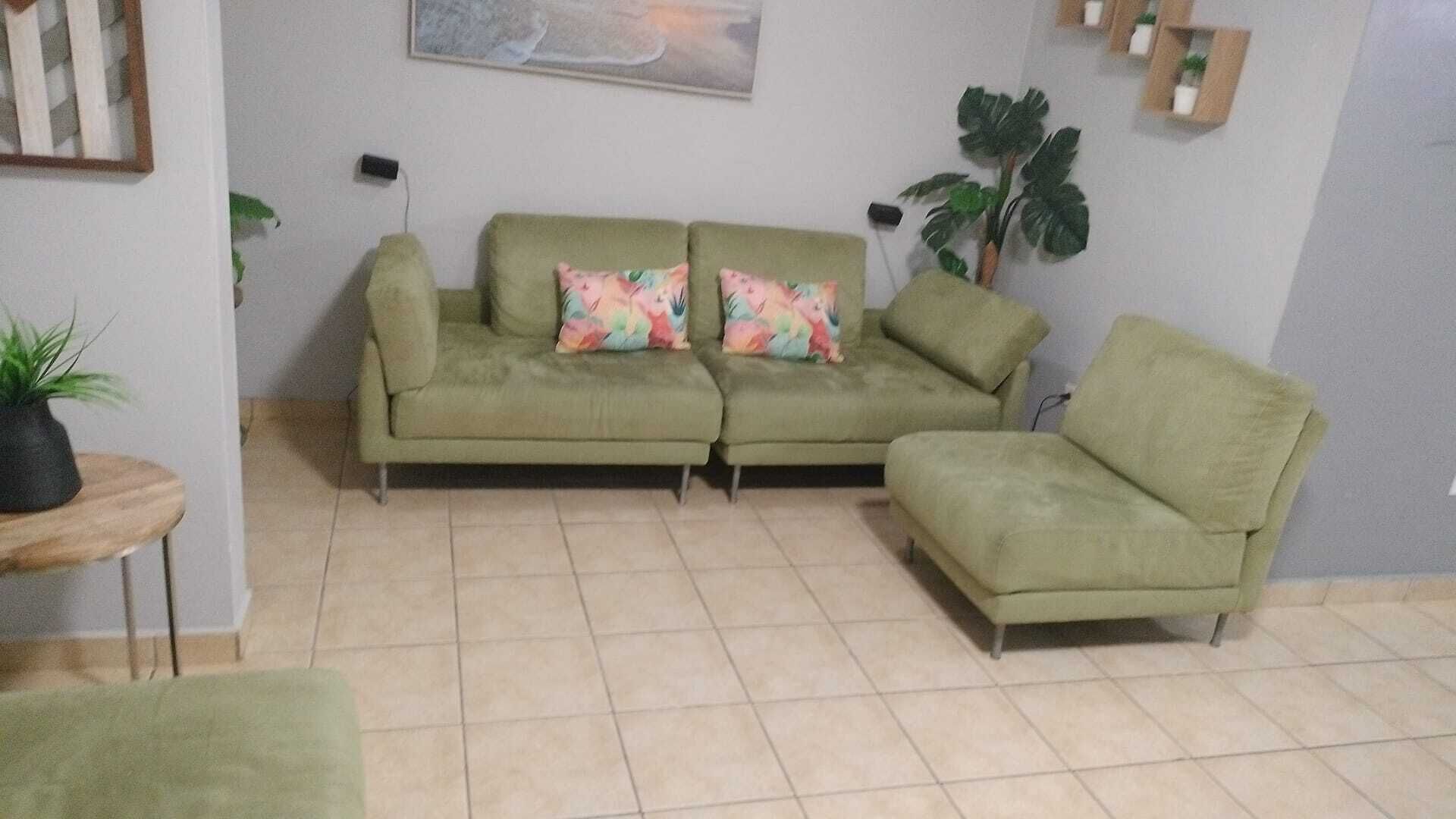 Ein Wohnzimmer mit einem grünen Sofagarnitur, einem kleinen Tisch mit einer Pflanze und einer großen Kübelpflanze.