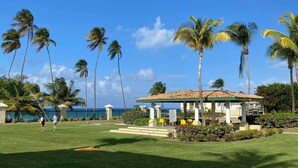A well-maintained lawn with a gazebo and palm trees. - Aquatika “A Cozy Paradise” (LOIZA)